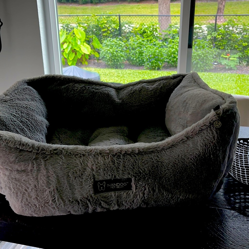 Two beautiful charcoal gray doggie or kitten beds …that my pets refuse to use :}